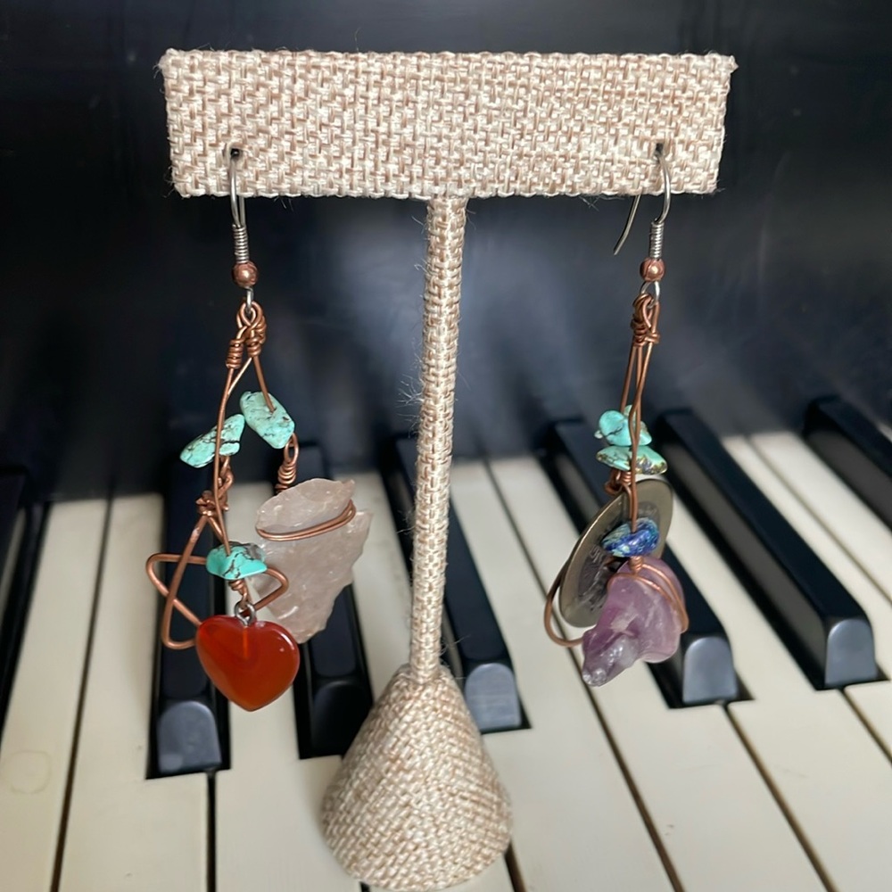 Handmade totem earrings, wired, 3” drop - Picture 2 of 8